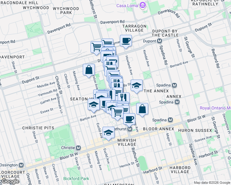 map of restaurants, bars, coffee shops, grocery stores, and more near in Toronto
