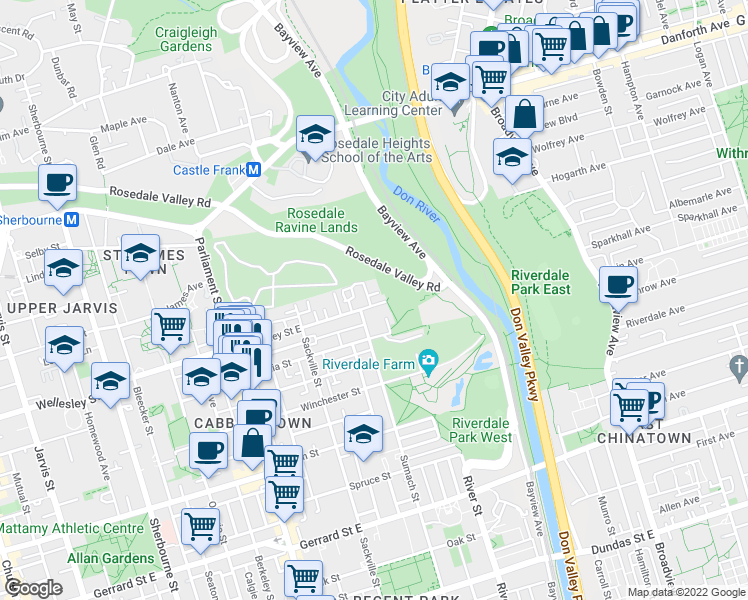 map of restaurants, bars, coffee shops, grocery stores, and more near 460 Wellesley Street East in Toronto