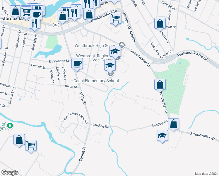 map of restaurants, bars, coffee shops, grocery stores, and more near 102 Glenwood Avenue in Westbrook