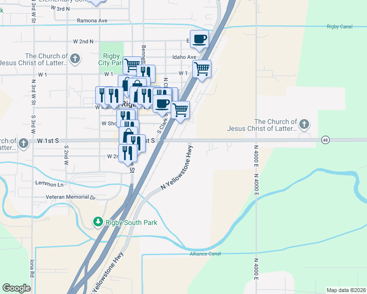map of restaurants, bars, coffee shops, grocery stores, and more near 226 East 1st South in Rigby