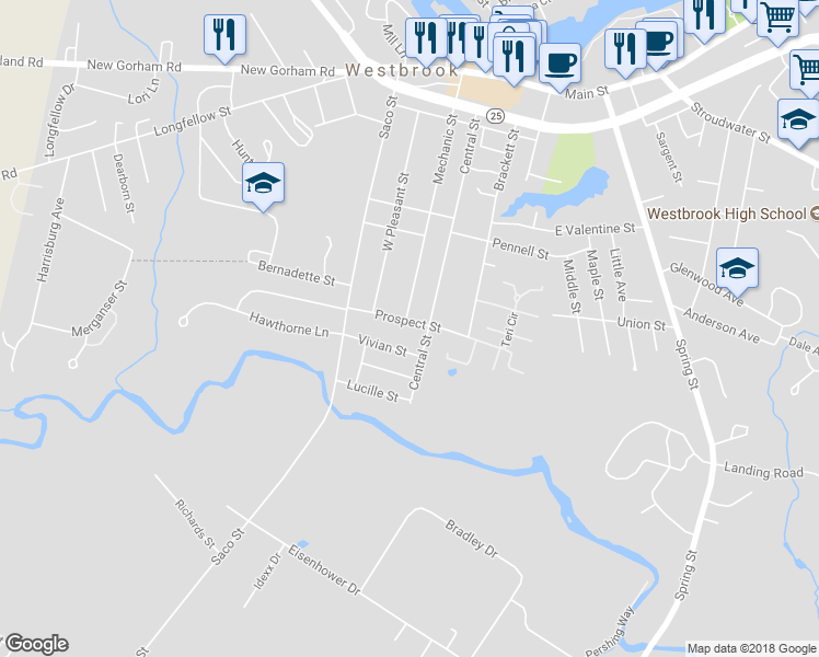 map of restaurants, bars, coffee shops, grocery stores, and more near 100 Prospect Street in Westbrook