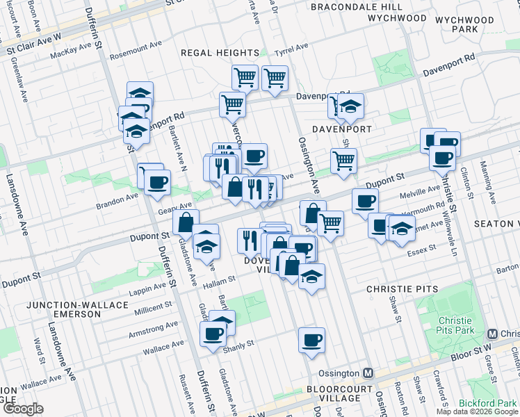 map of restaurants, bars, coffee shops, grocery stores, and more near Dovercourt Road in Toronto