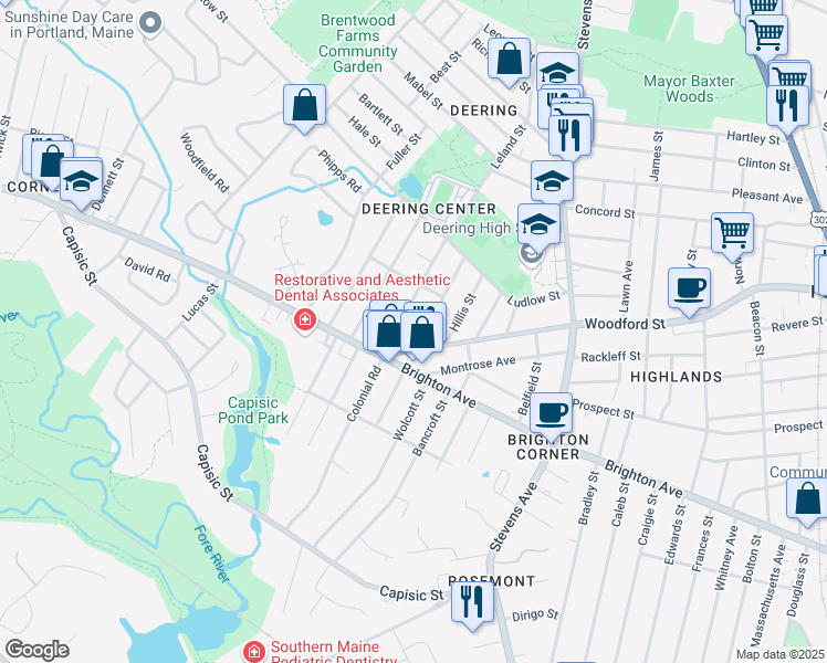 map of restaurants, bars, coffee shops, grocery stores, and more near 495 Woodford Street in Portland