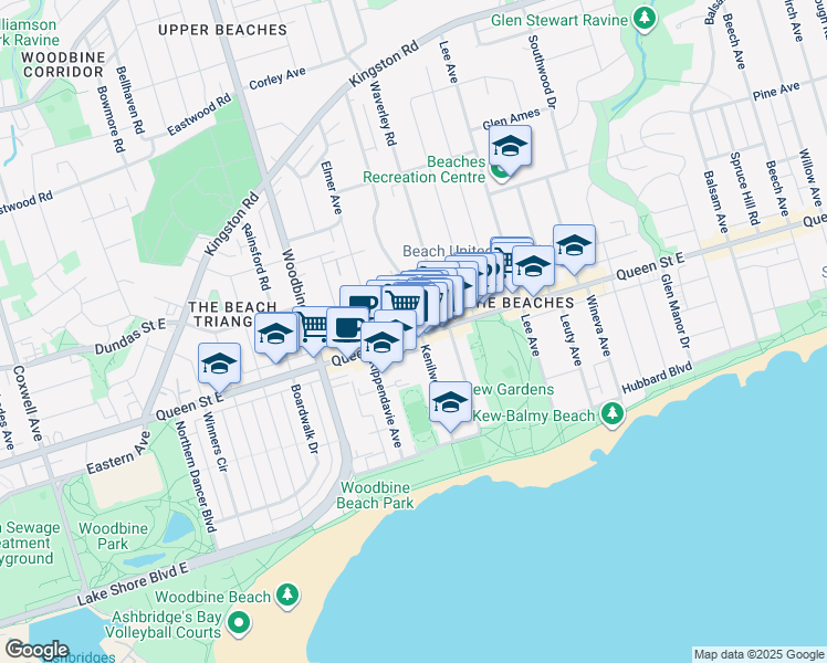 map of restaurants, bars, coffee shops, grocery stores, and more near 1974A Queen Street East in Toronto
