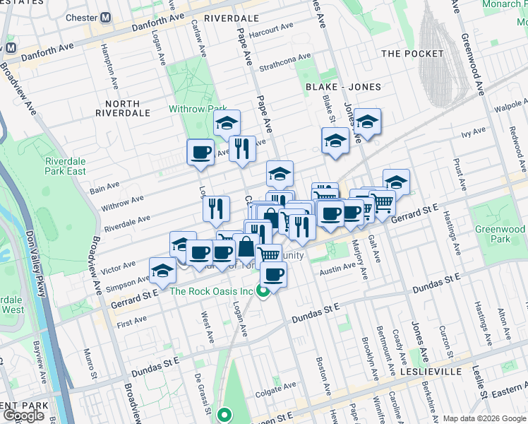 map of restaurants, bars, coffee shops, grocery stores, and more near in Toronto