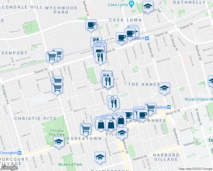 map of restaurants, bars, coffee shops, grocery stores, and more near in Toronto