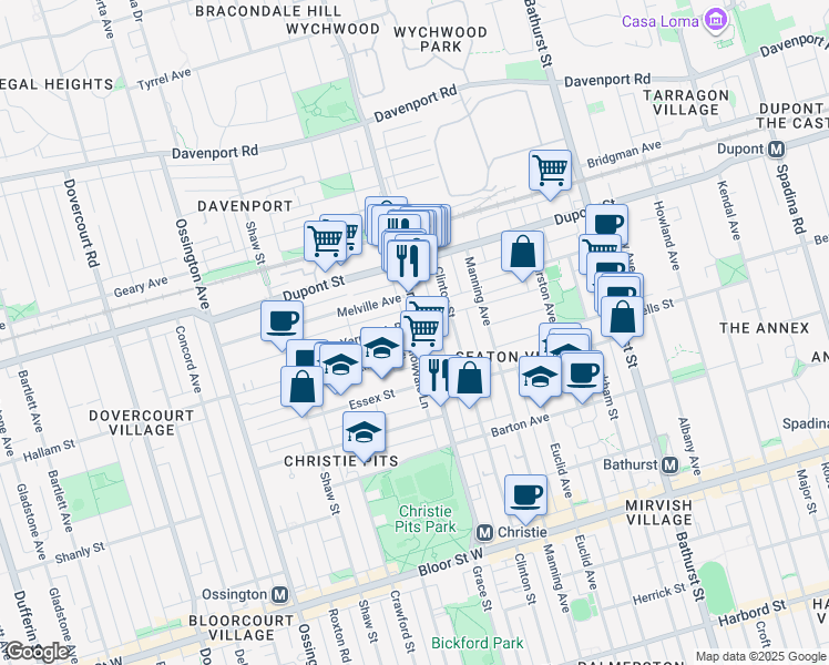 map of restaurants, bars, coffee shops, grocery stores, and more near in Toronto