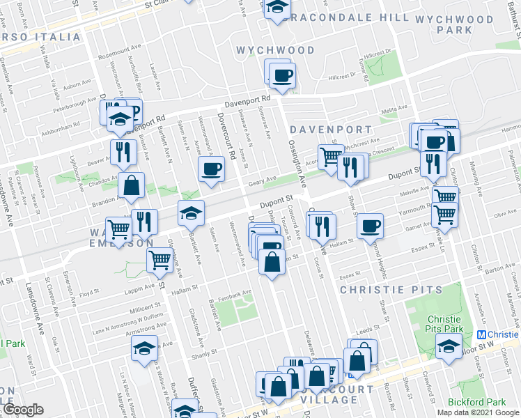 map of restaurants, bars, coffee shops, grocery stores, and more near in Toronto
