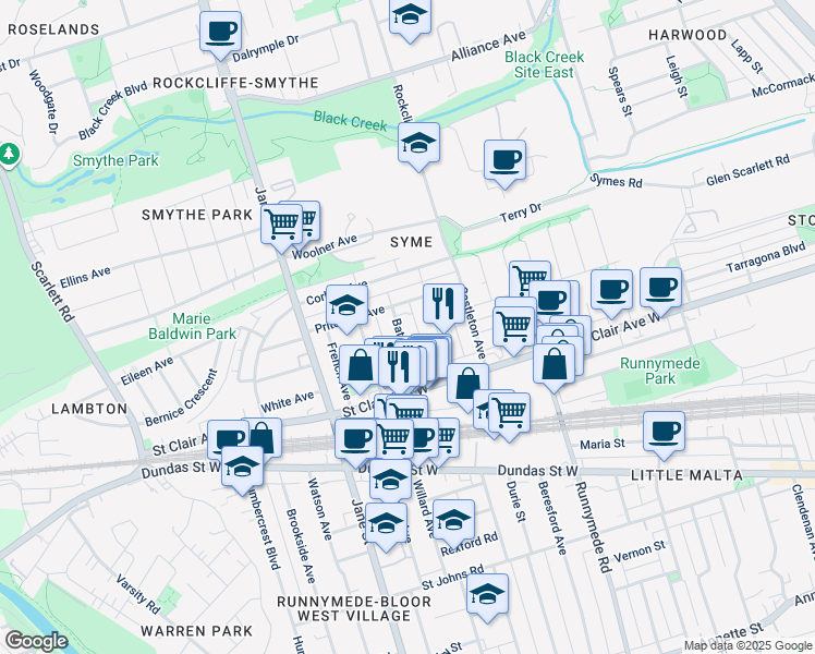 map of restaurants, bars, coffee shops, grocery stores, and more near in Toronto
