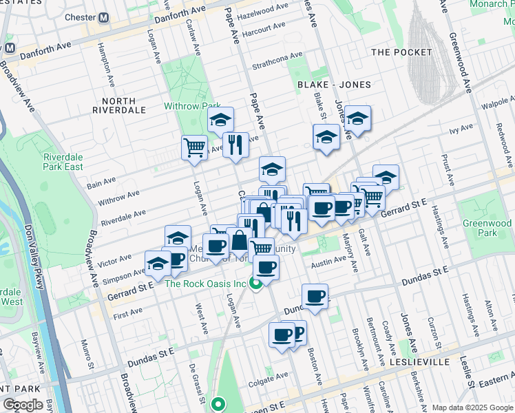 map of restaurants, bars, coffee shops, grocery stores, and more near 213 Langley Avenue in Toronto