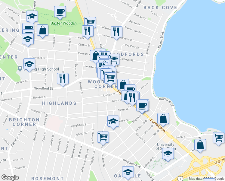 map of restaurants, bars, coffee shops, grocery stores, and more near 616 Forest Avenue in Portland