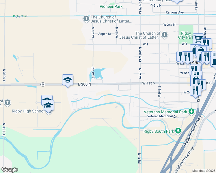 map of restaurants, bars, coffee shops, grocery stores, and more near 539 West 1st South in Rigby