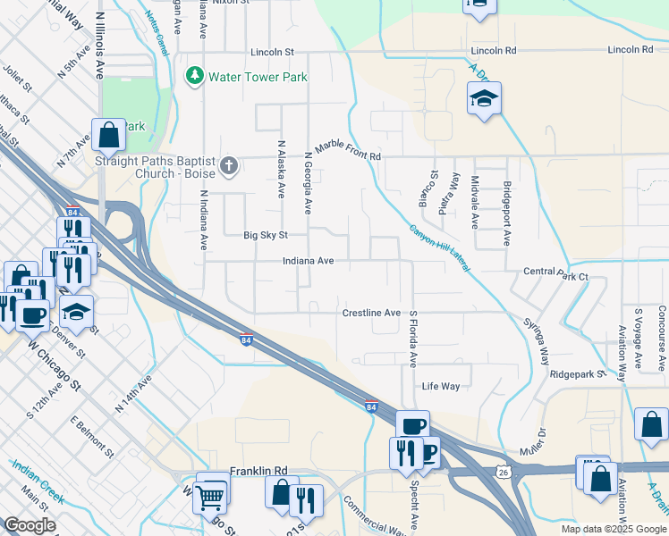 map of restaurants, bars, coffee shops, grocery stores, and more near 2600 Hillcrest Lane in Caldwell
