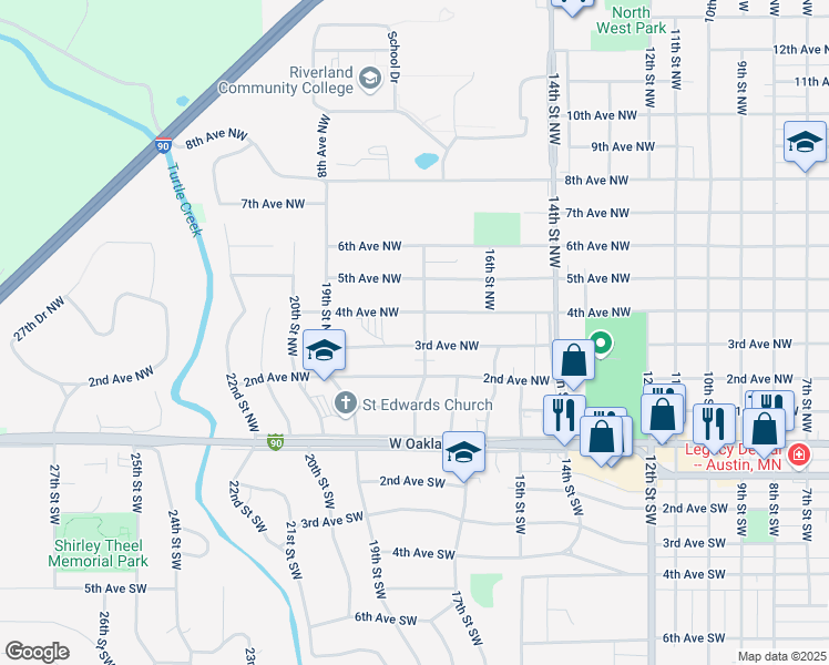 map of restaurants, bars, coffee shops, grocery stores, and more near 1900 3rd Avenue Northwest in Austin