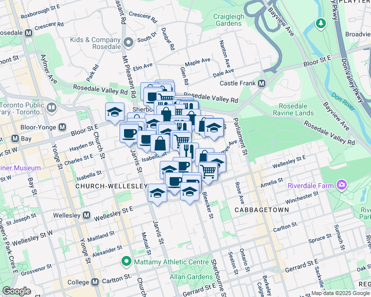 map of restaurants, bars, coffee shops, grocery stores, and more near 561 Sherbourne Street in Toronto