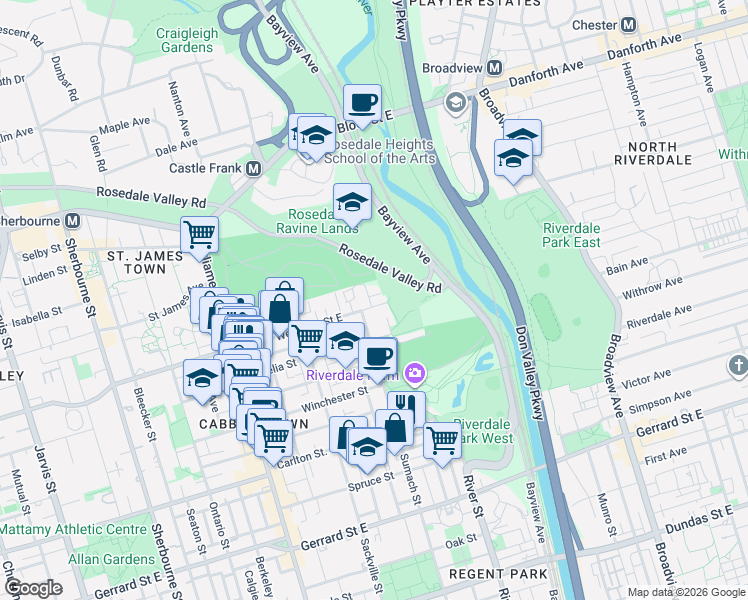 map of restaurants, bars, coffee shops, grocery stores, and more near 458 Wellesley Street East in Toronto