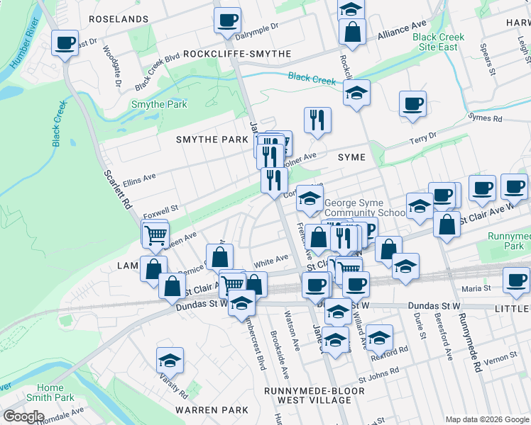 map of restaurants, bars, coffee shops, grocery stores, and more near 7 Florence Crescent in Toronto