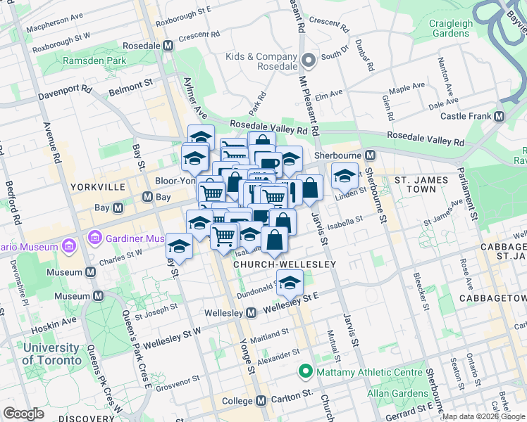 map of restaurants, bars, coffee shops, grocery stores, and more near 634 Church Street in Toronto