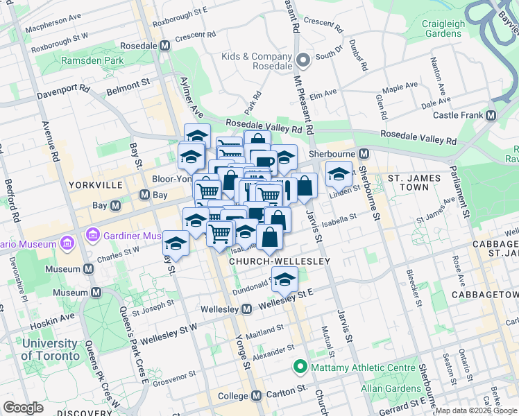 map of restaurants, bars, coffee shops, grocery stores, and more near 634 Church Street in Toronto