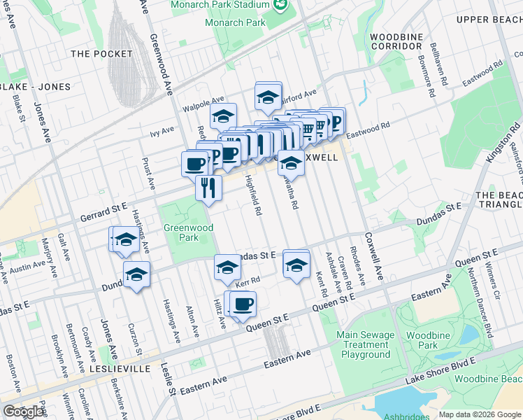 map of restaurants, bars, coffee shops, grocery stores, and more near in Toronto