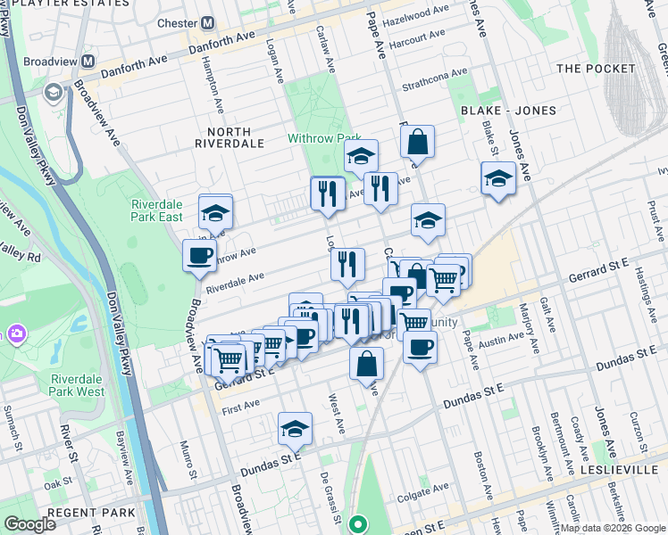 map of restaurants, bars, coffee shops, grocery stores, and more near 584 Logan Avenue in Toronto