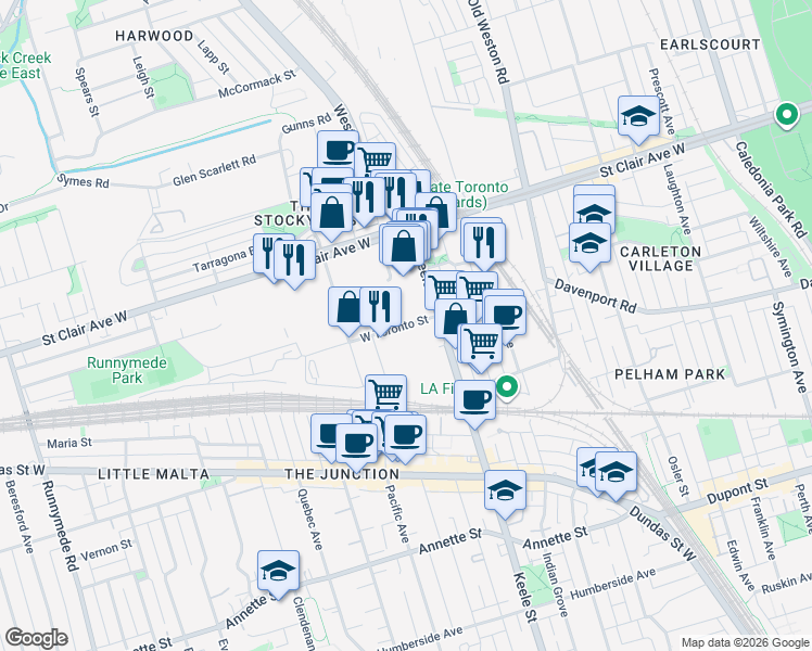 map of restaurants, bars, coffee shops, grocery stores, and more near 468 West Toronto Street in Toronto