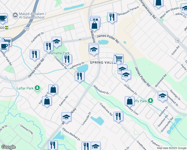map of restaurants, bars, coffee shops, grocery stores, and more near 69 Personna Circle in Brampton