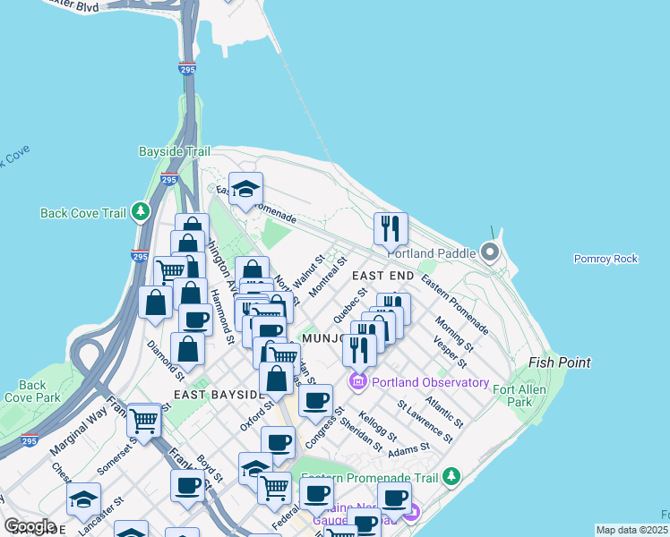 map of restaurants, bars, coffee shops, grocery stores, and more near 25 Montreal Street in Portland