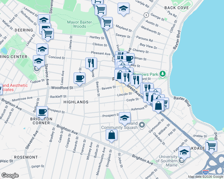 map of restaurants, bars, coffee shops, grocery stores, and more near 71 Lincoln Street in Portland