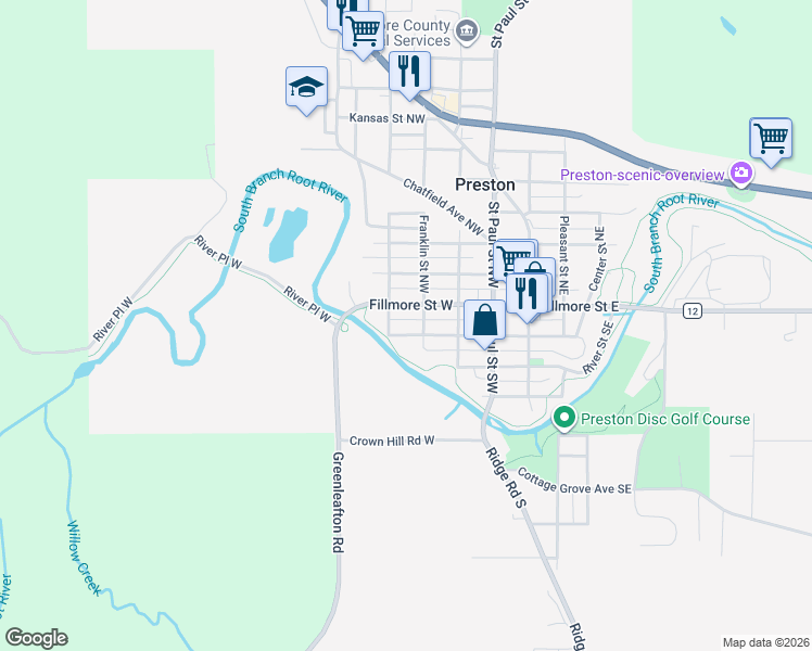 map of restaurants, bars, coffee shops, grocery stores, and more near 405 Main Street Southwest in Preston