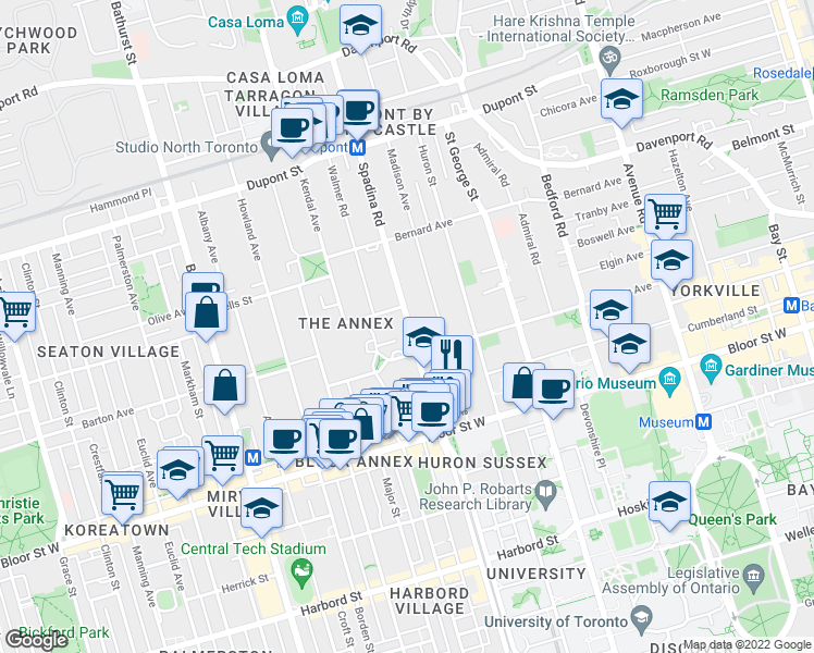 map of restaurants, bars, coffee shops, grocery stores, and more near 66 Spadina Road in Toronto