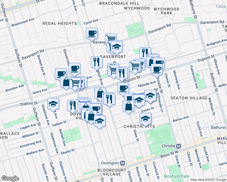 map of restaurants, bars, coffee shops, grocery stores, and more near 32 Burnfield Avenue in Toronto
