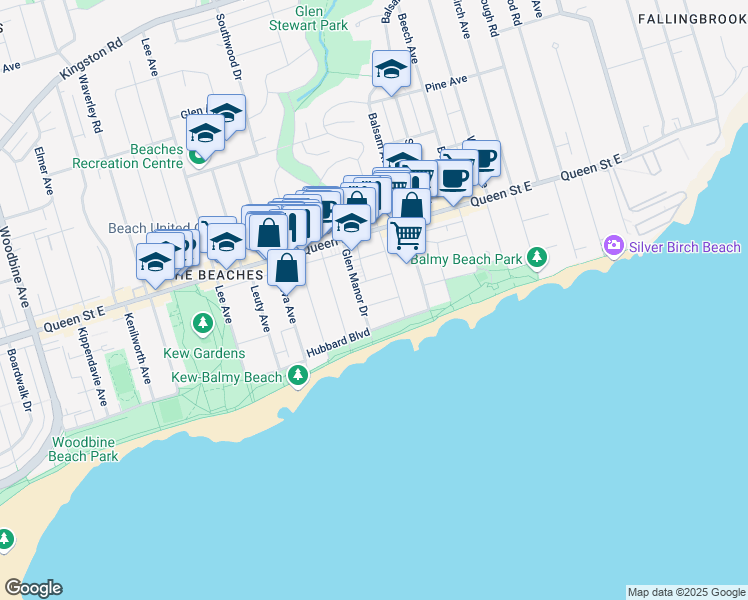 map of restaurants, bars, coffee shops, grocery stores, and more near 2 Selwood Avenue in Toronto