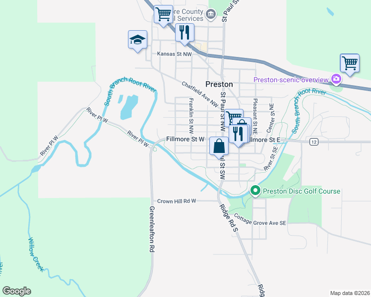 map of restaurants, bars, coffee shops, grocery stores, and more near 405 Main Street Southwest in Preston