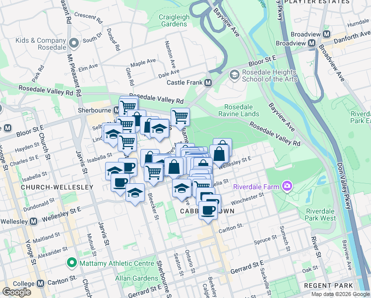 map of restaurants, bars, coffee shops, grocery stores, and more near 650 Parliament Street in Toronto