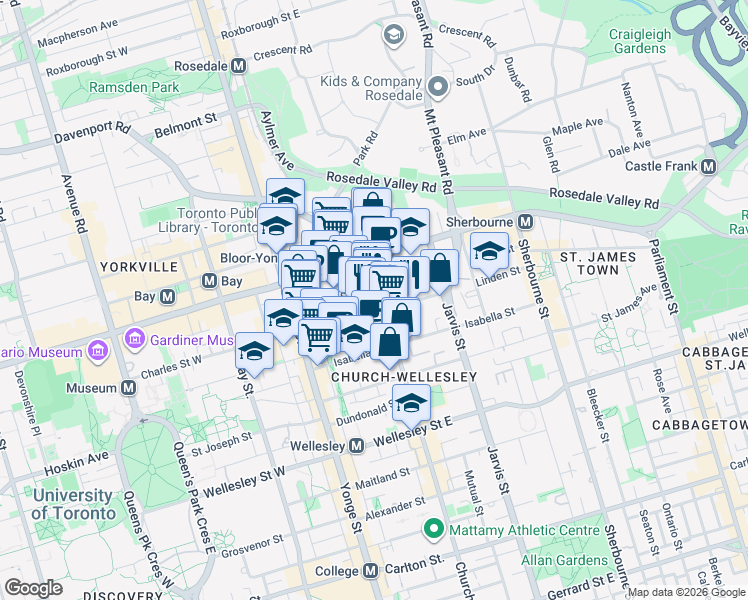 map of restaurants, bars, coffee shops, grocery stores, and more near 634 Church Street in Toronto