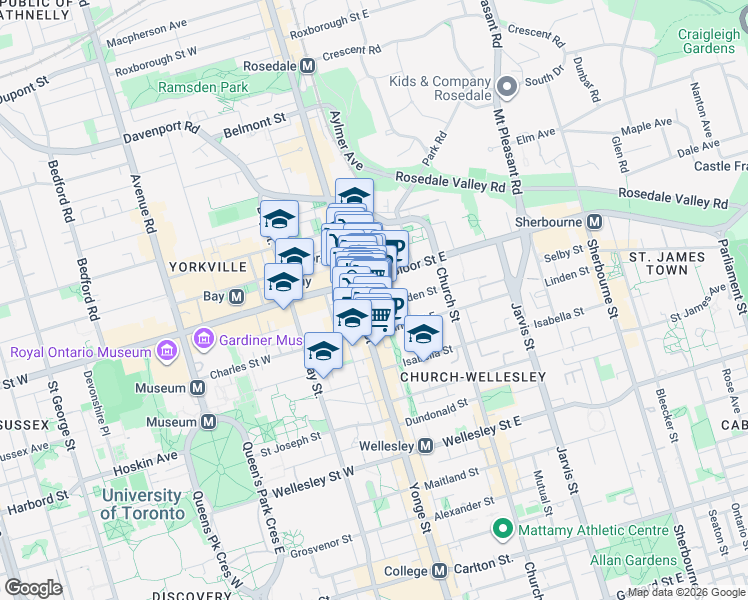 map of restaurants, bars, coffee shops, grocery stores, and more near 1 Bloor Street East in Toronto