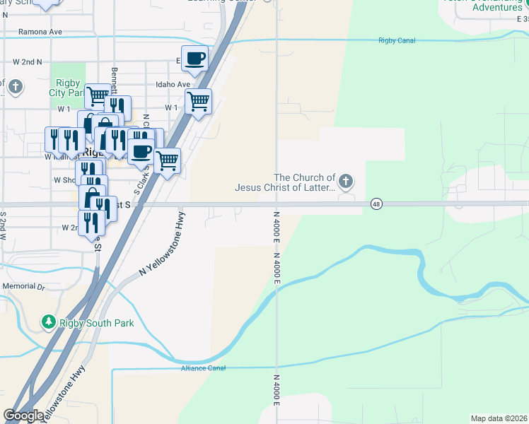 map of restaurants, bars, coffee shops, grocery stores, and more near 460 East 1st South in Rigby