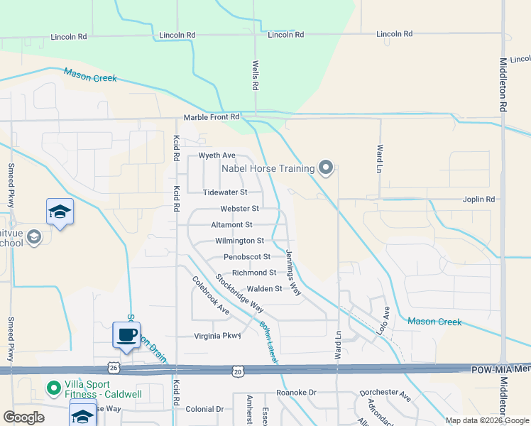 map of restaurants, bars, coffee shops, grocery stores, and more near 11740 Altamont Street in Caldwell