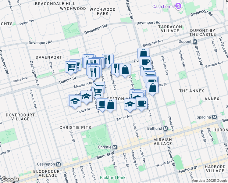 map of restaurants, bars, coffee shops, grocery stores, and more near 858 Manning Avenue in Toronto