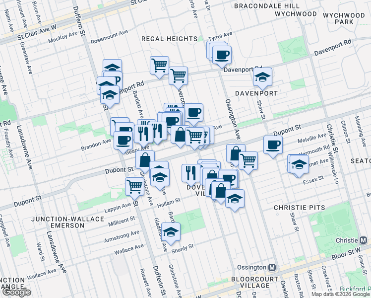 map of restaurants, bars, coffee shops, grocery stores, and more near 1020 Dupont Street in Toronto