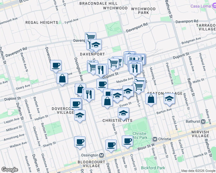 map of restaurants, bars, coffee shops, grocery stores, and more near in Toronto