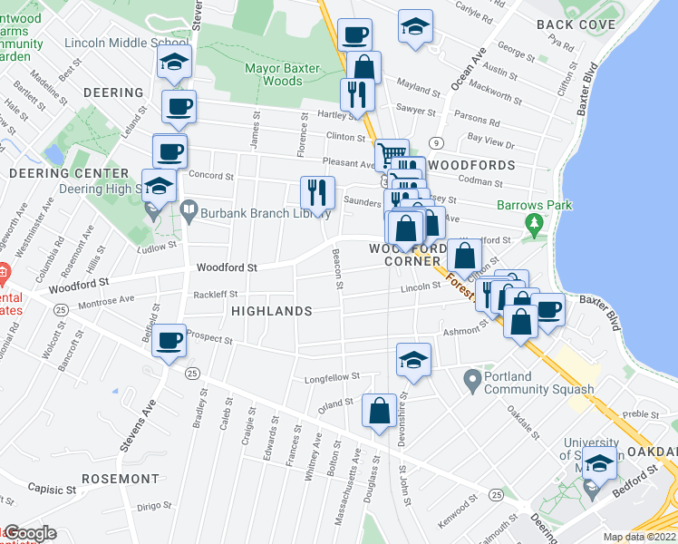 map of restaurants, bars, coffee shops, grocery stores, and more near 85 Revere Street in Portland
