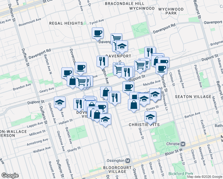 map of restaurants, bars, coffee shops, grocery stores, and more near 1039 Ossington Avenue in Toronto