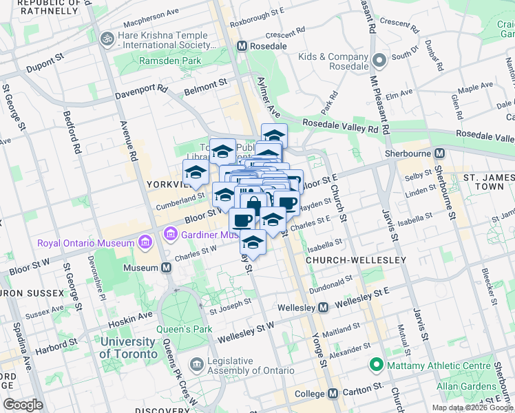 map of restaurants, bars, coffee shops, grocery stores, and more near in Toronto