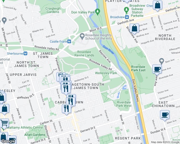 map of restaurants, bars, coffee shops, grocery stores, and more near 11 Wellesley Avenue in Toronto