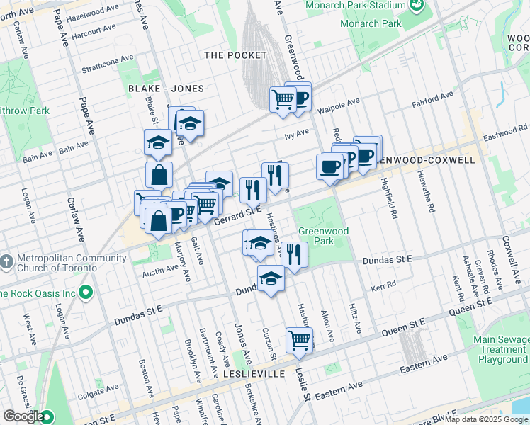 map of restaurants, bars, coffee shops, grocery stores, and more near 1145 Gerrard Street East in Toronto