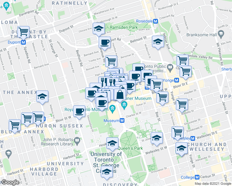 map of restaurants, bars, coffee shops, grocery stores, and more near 188 Cumberland Street in Toronto