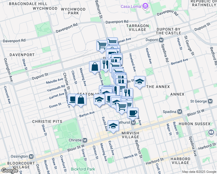 map of restaurants, bars, coffee shops, grocery stores, and more near 37 Olive Avenue in Toronto