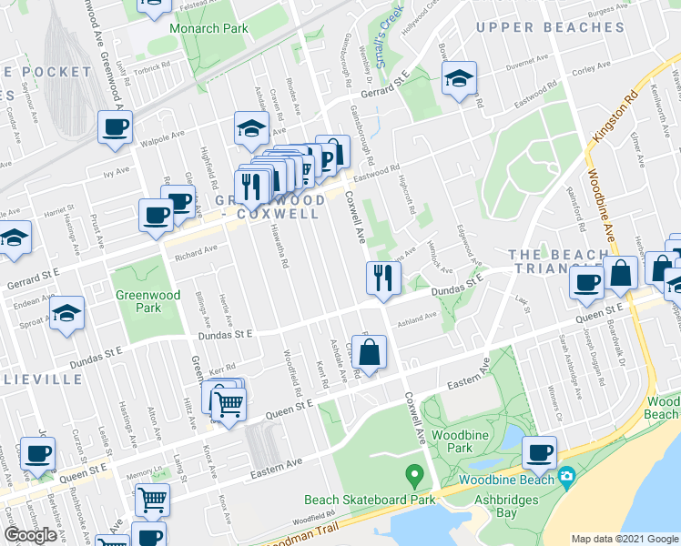 map of restaurants, bars, coffee shops, grocery stores, and more near 158 Rhodes Avenue in Toronto